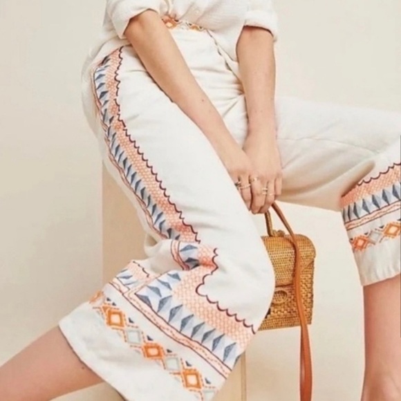 Anthropologie Islander Embroidered Straight Leg Crop Pants - Picture 2 of 12